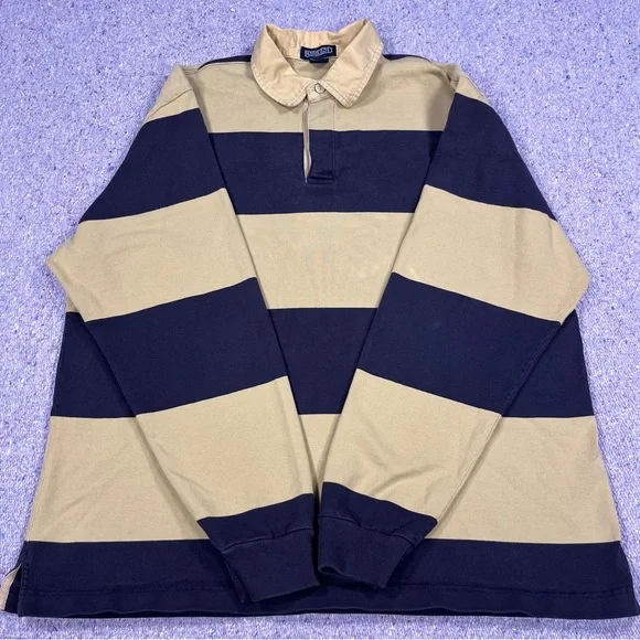 Land's End Navy Tan Striped Rugby Shirt Size Large - Picture 7 of 11